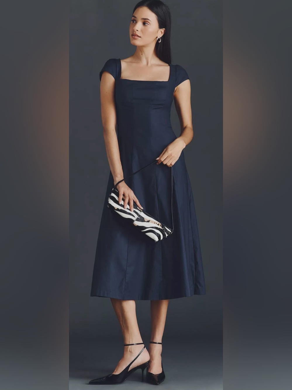 Reformation Harlie Cap Sleeve Square-Neck A-Line Midi Dress Navy Size 12